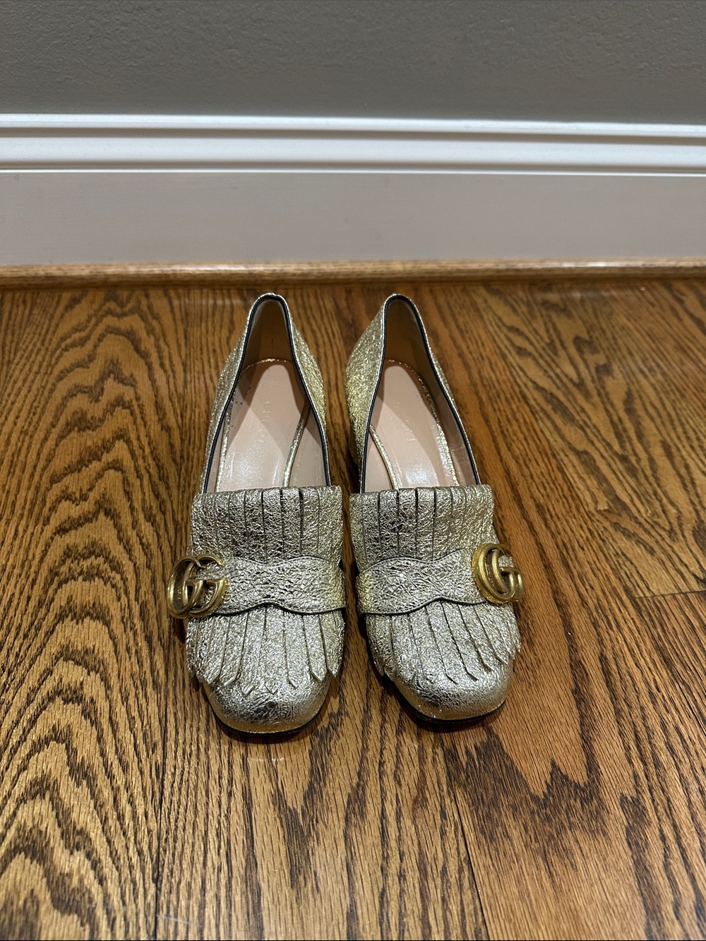 Gucci Metallic Gold Fringe Loafers with Double G Hardware